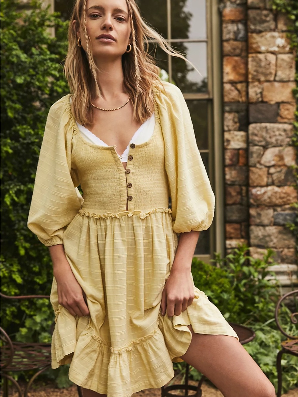 Free People Light Yellow Puff-Sleeve Button-Front Mini Dress
